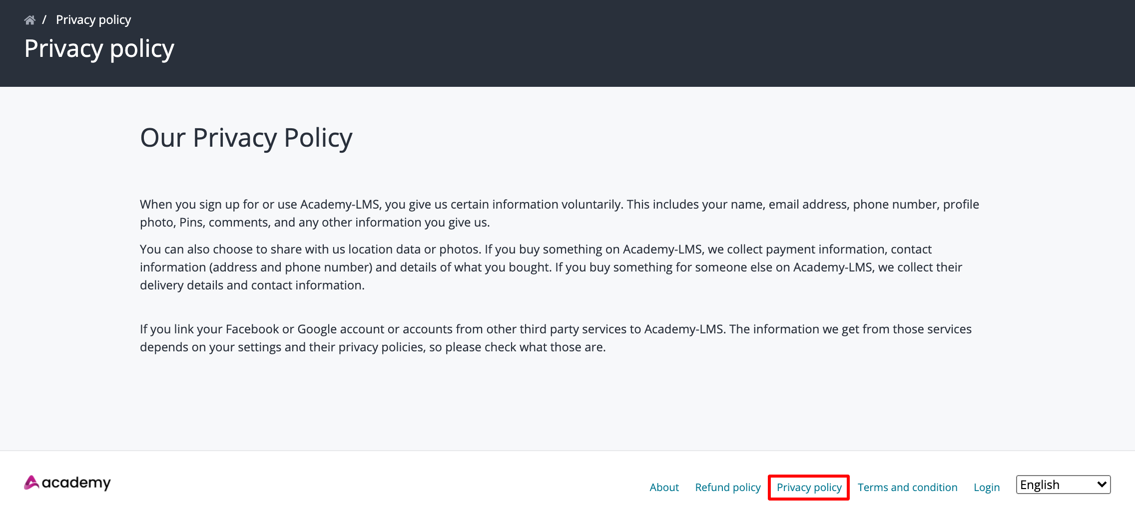 Academy Privacy Policy
