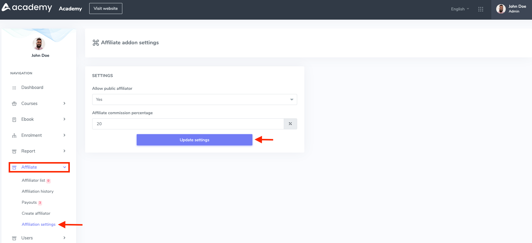 Academy Configuring Affiliate Settings