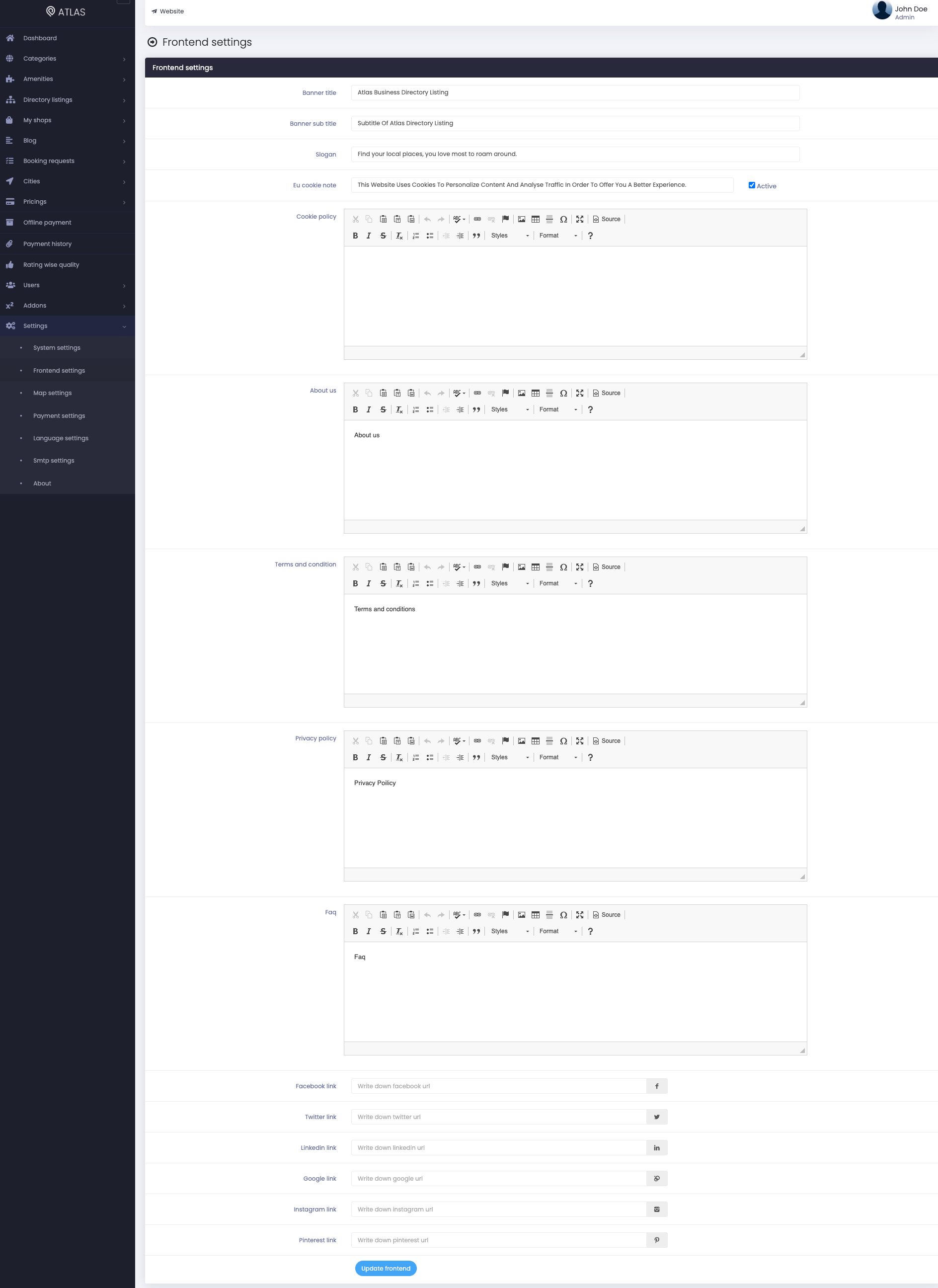 Atlas Configuring Frontend Settings