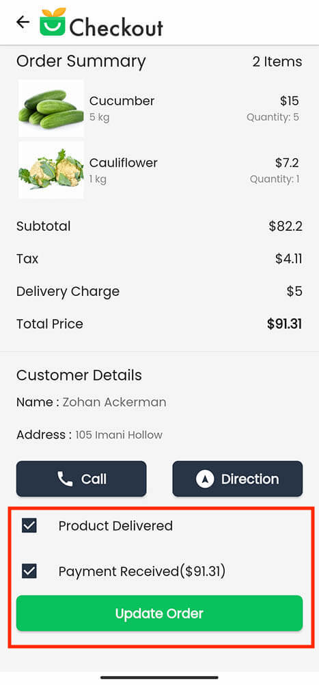 Delivery Status Update Checkout