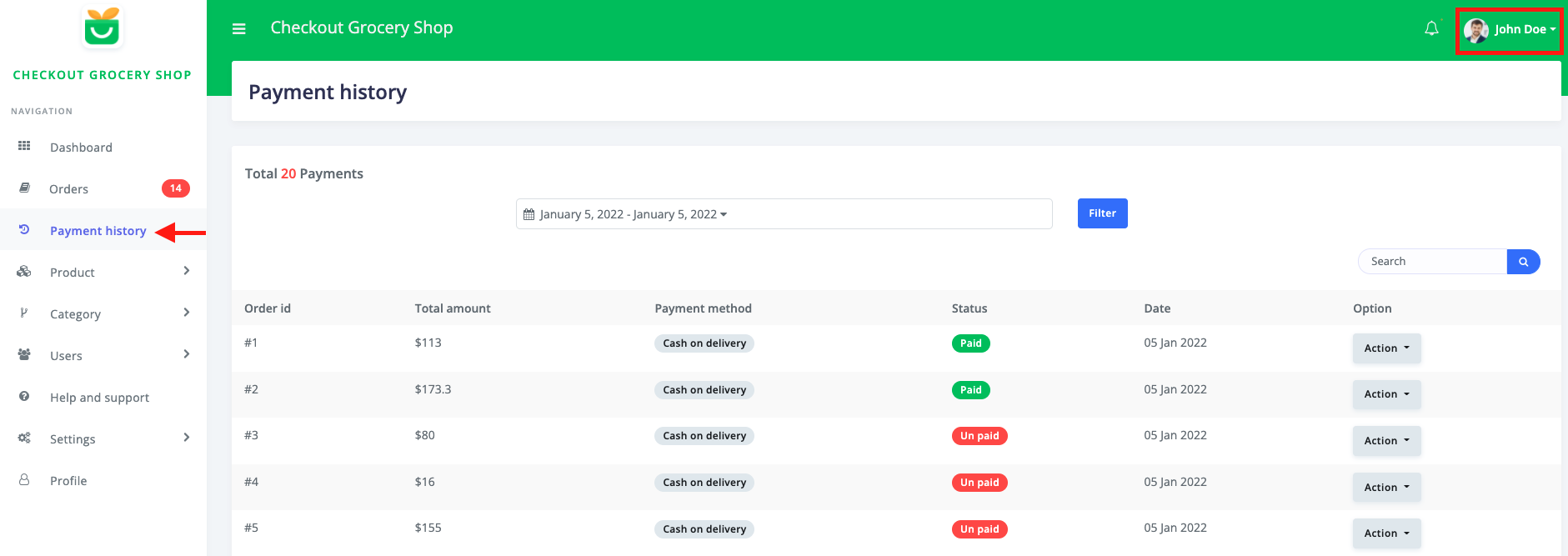 Payment History Checkout