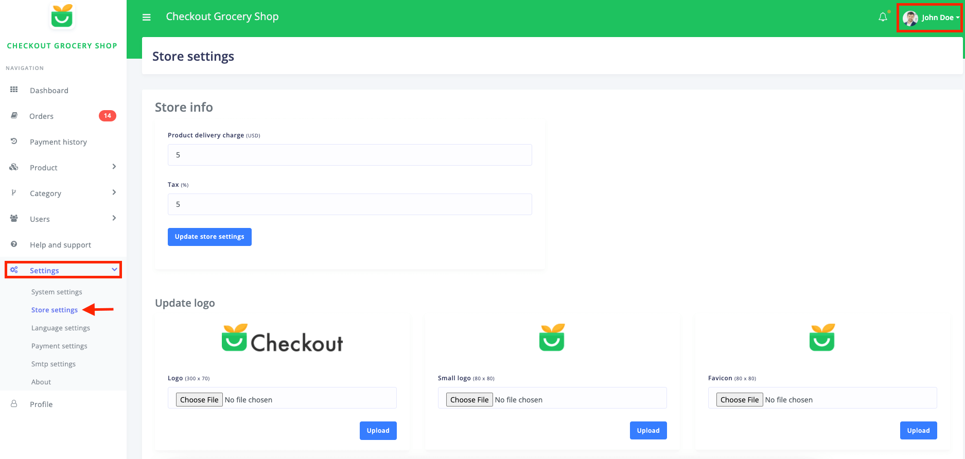 Navigation Store Settings Checkout