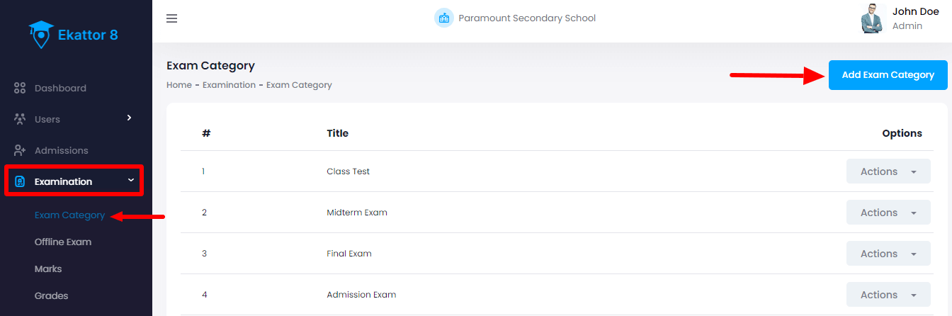 Ekattor 8 Adding Exam Category 1