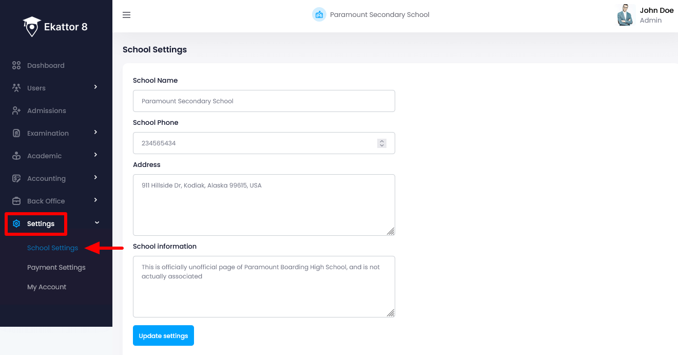 Ekattor 8 School Settings