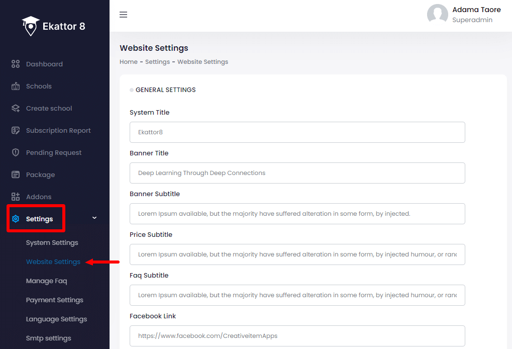 Ekattor 8 Website Settings 0