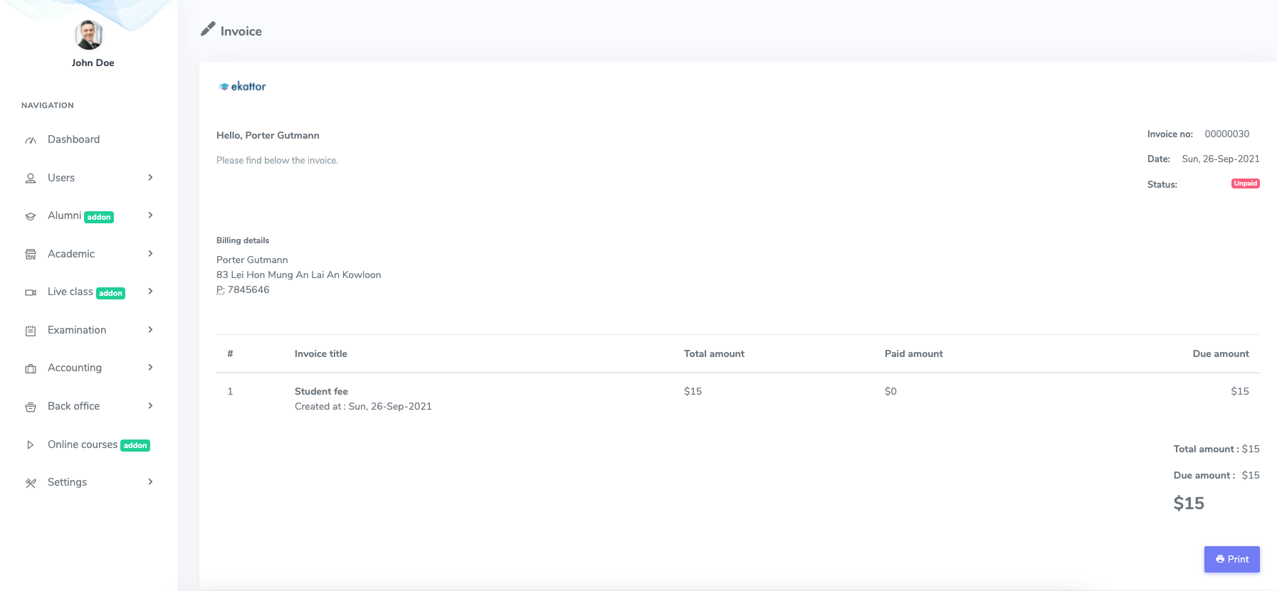 Student Fee Invoice