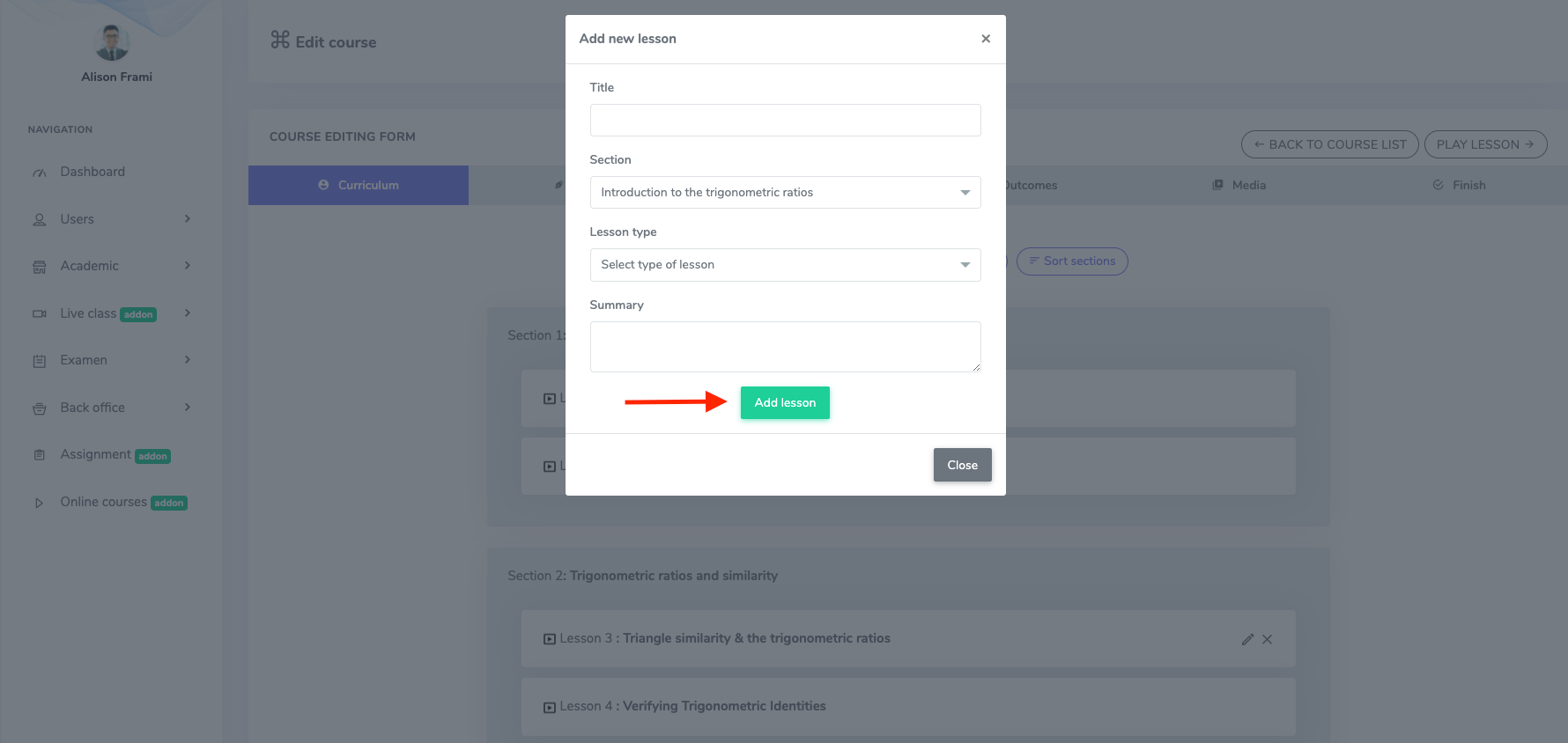 Adding Lesson Form Teacher