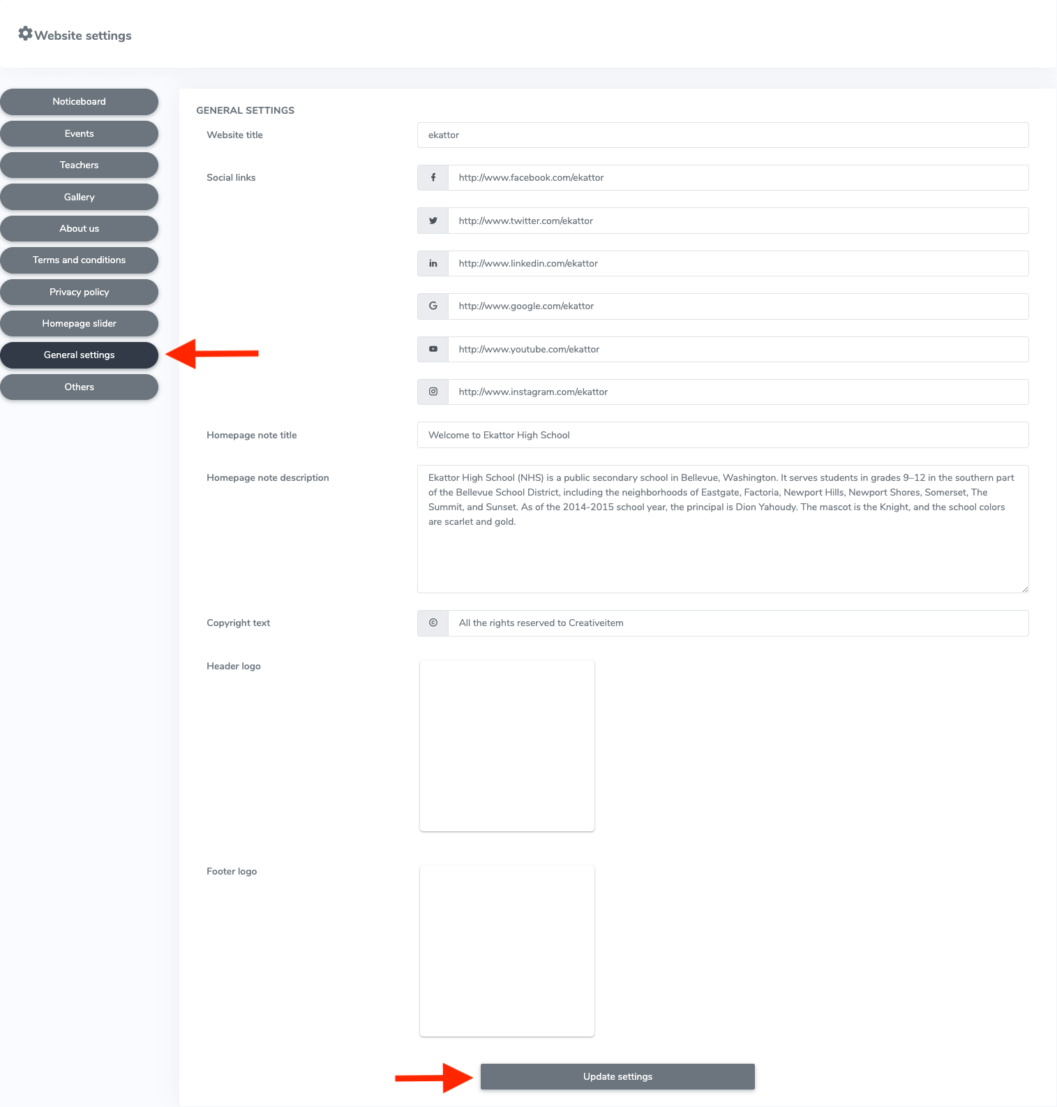 Ekattor Updating Geleral Settings