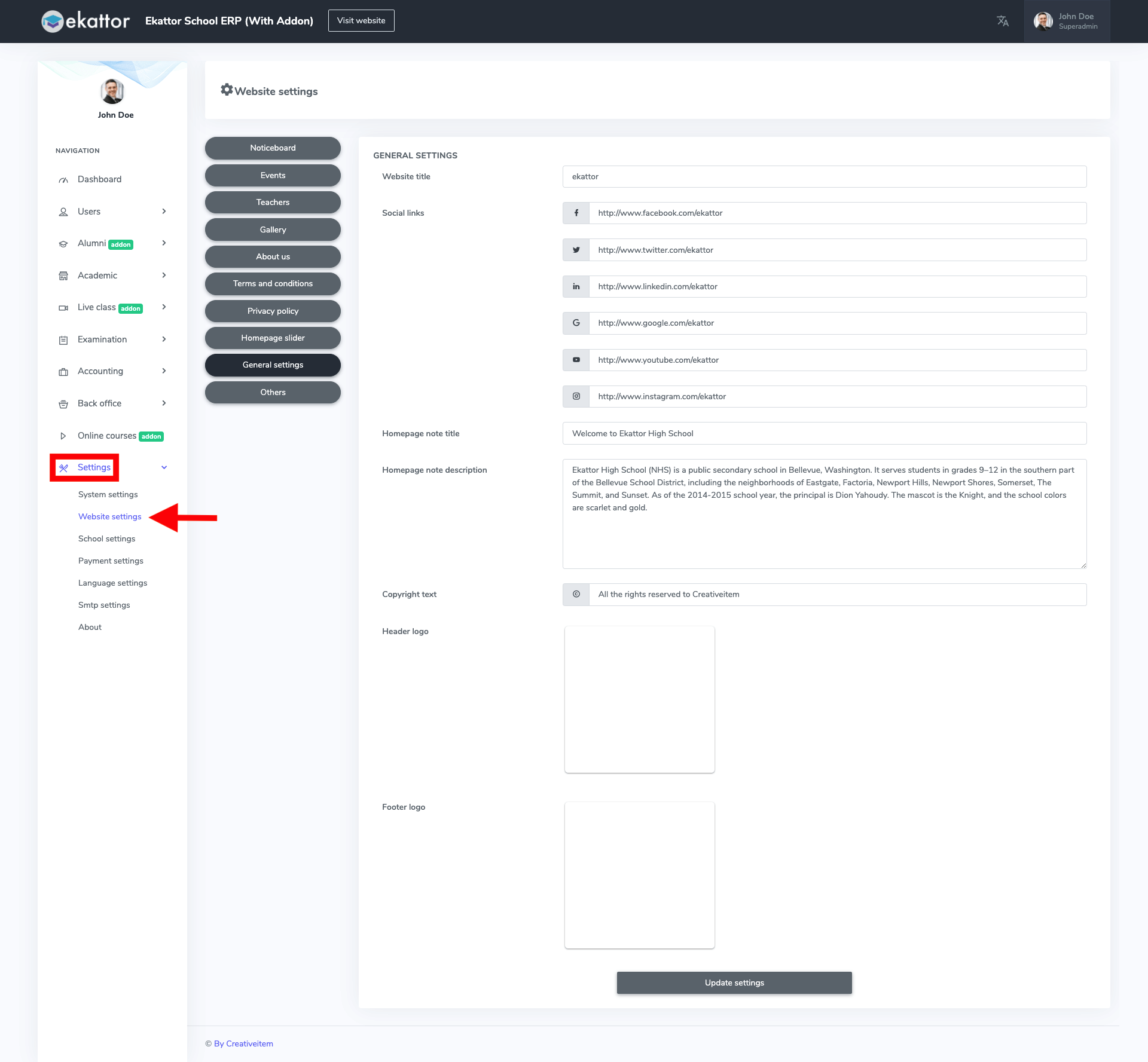 Ekattor Website Settings