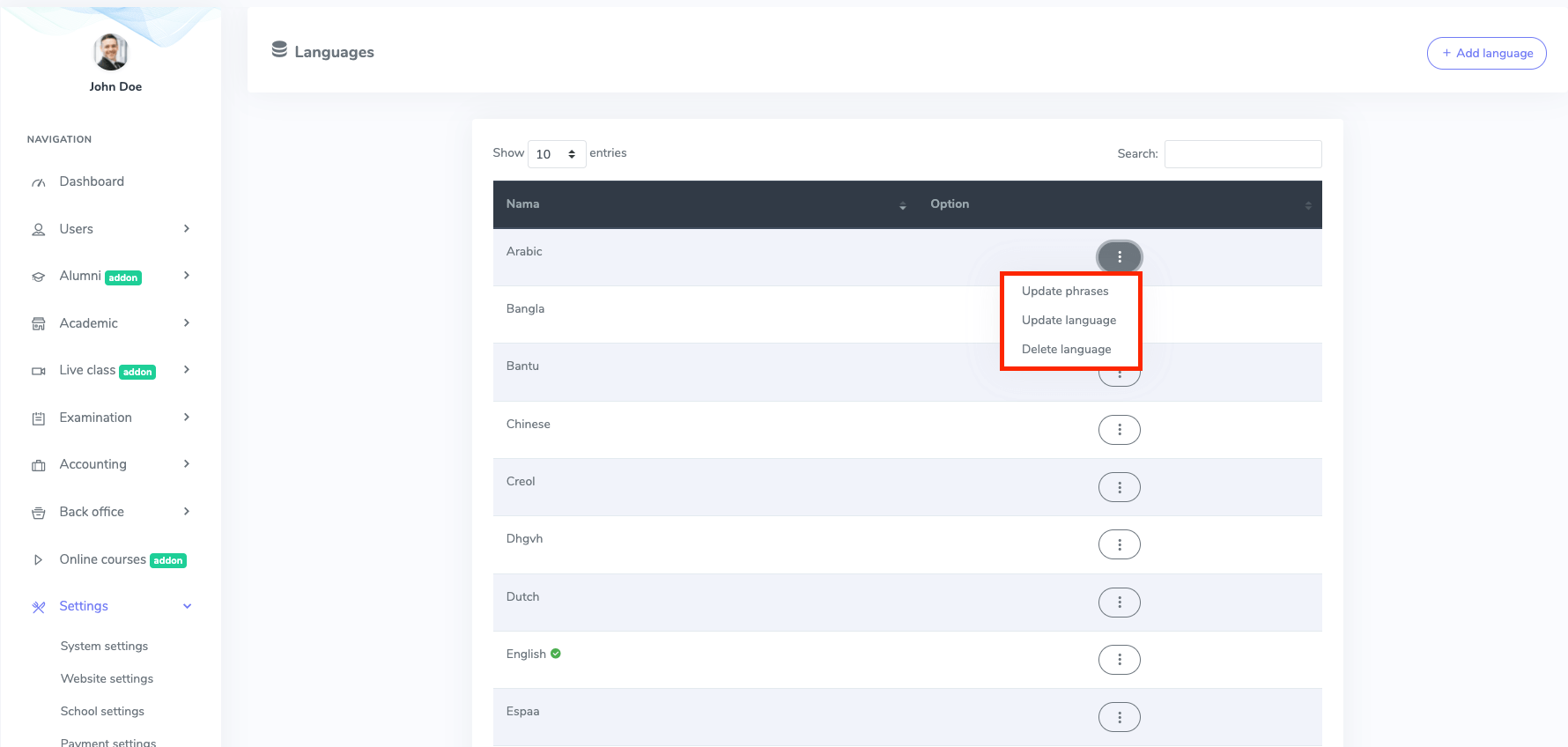 Language Settings Option