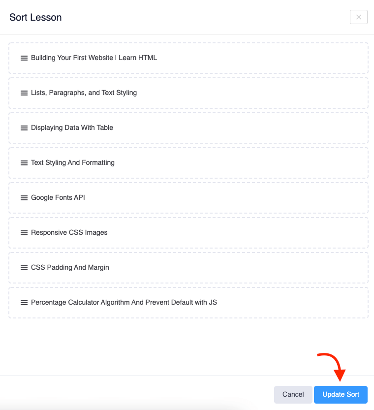 Update Sorting Lesson Learny