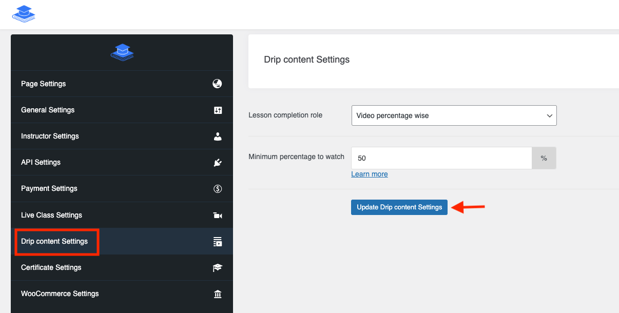 Updating Drip Content Settings Learny