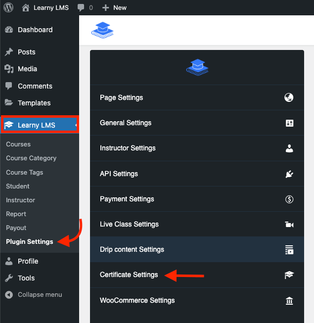 Learny Certificate Settings