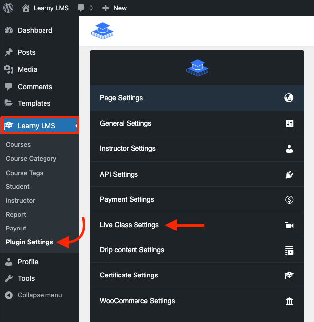 Learny Live Class Settings