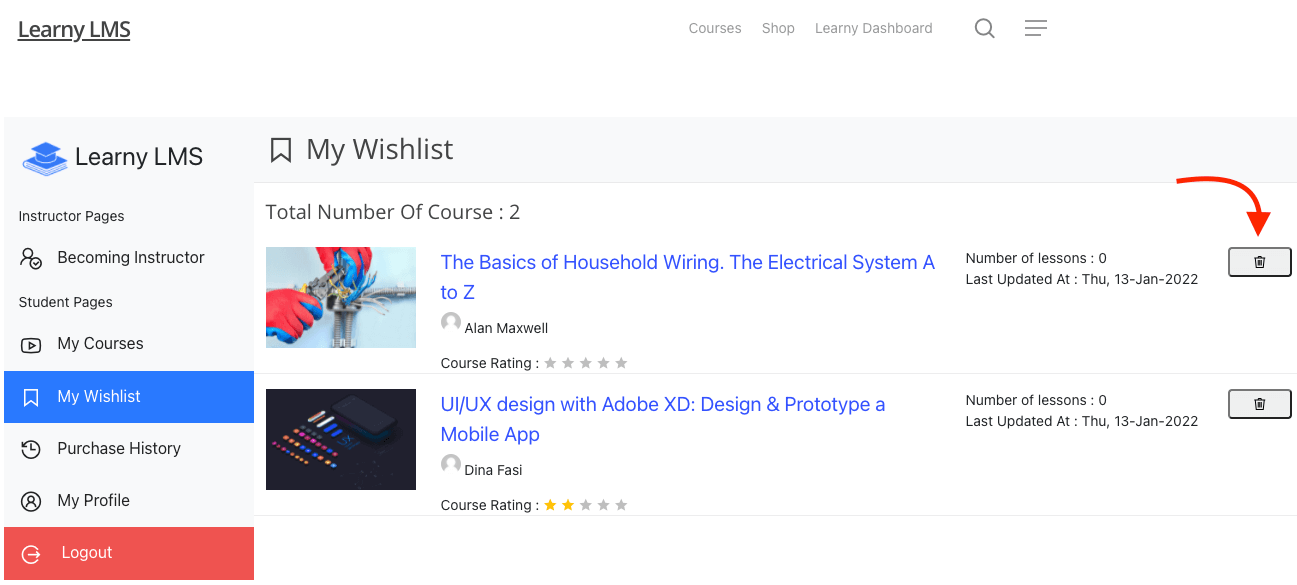 Deleting Course From Wishlist Learny