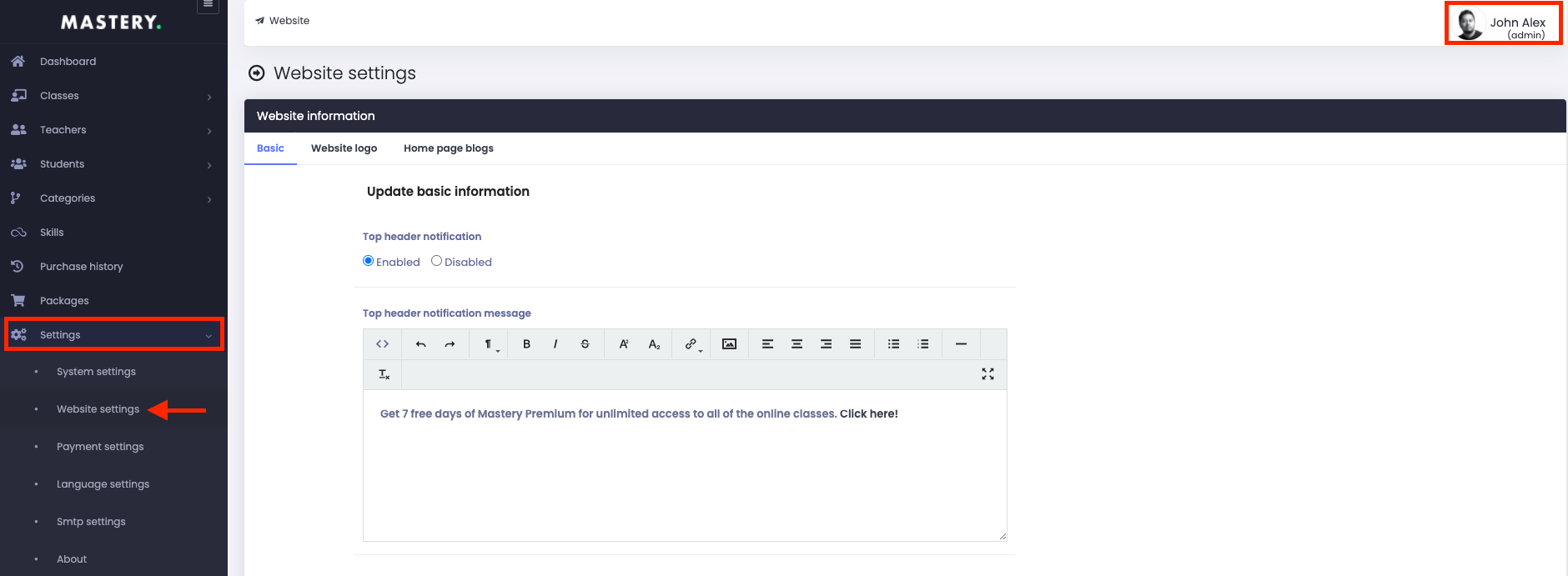 Introducing Mastery Website Settings