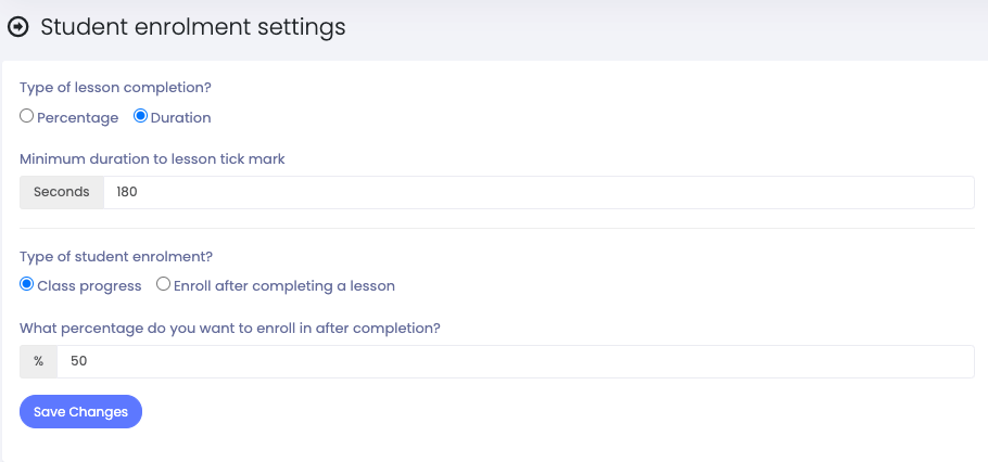 Student Enrolment Setting Change Settings