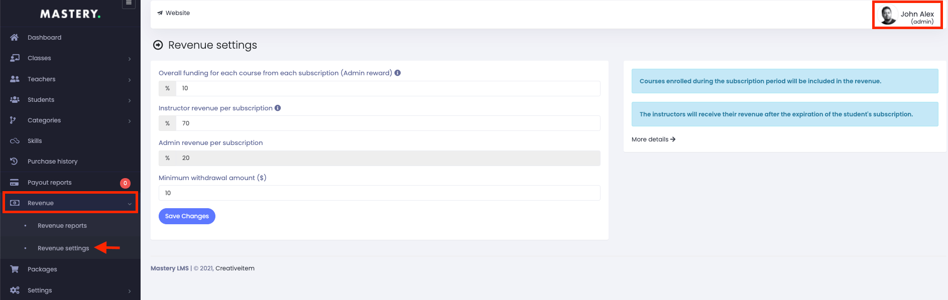 Revenue Settings Option Meastery Lms