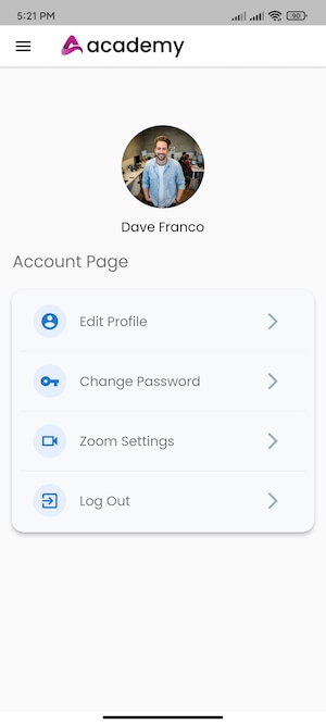 Account Page Academy Instructors Mobile App