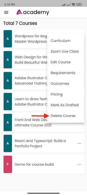 Delete Course Instructors Mobile App