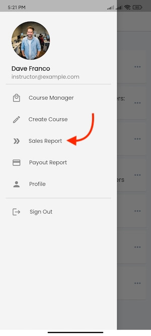 Navigating Sale Report Academy Instructors Mobile App