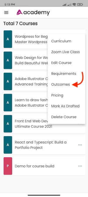 Outcomes Requirements Academy Instructors Mobile App