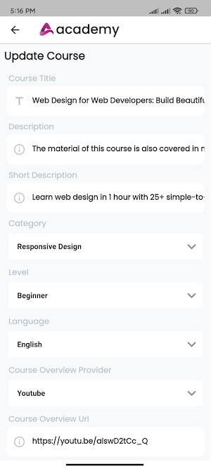 Saving Edit Course Academy Instructors Mobile App